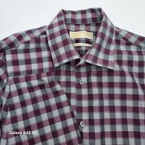 Michael Kors Mens Regular Fit Non Iron Plaid Dress Shirt Burgundy Grey 16 34/35